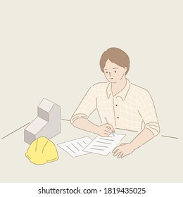 The customer signs a contract to build a house. Hand draw thin line style. Vector illustration.