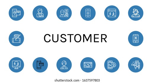 customer simple icons set. Contains such icons as Smartphone, Receptionist, Review, Support, Mobile payment, Assistant, Loyalty card, can be used for web, mobile and logo