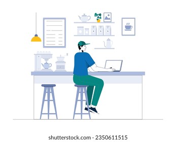 a customer is sitting in a cafe while doing his college assignments, and is enjoying coffee and the atmosphere in the cafe
flat design, vector illustration