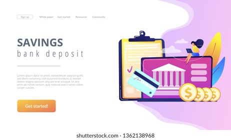 Customer sitting with laptop and bank with credit card and financial savings. Personal bank account, savings bank deposit, fixed rate loan concept. Website vibrant violet landing web page template.