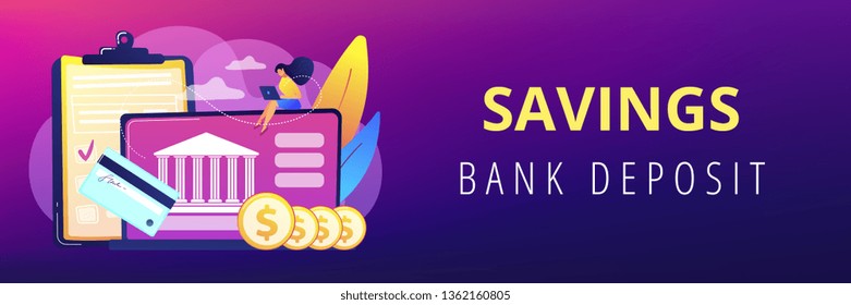 Customer sitting with laptop and bank with credit card and financial savings. Personal bank account, savings bank deposit, fixed rate loan concept. Header or footer banner template with copy space.