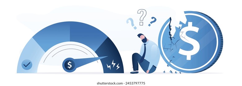 Customer sitting near broken dollar coin and credit gauge with low rating. unreliable borrower, bankrupt. Poor credit score, bad money management. Businessman with bad personal financial plan. vector