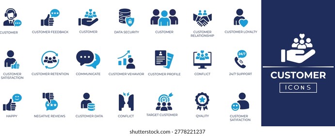 Customer solid icon set. Containing call center, communicate, review, satisfactionfeedback, management and more. Solid icons collection.
