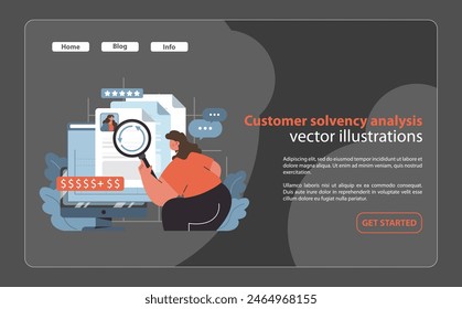 Customer Solvency Analysis. Analyzing financial profiles and creditworthiness of customers with detailed scrutiny. A critical component of risk management and business planning. Flat vector.