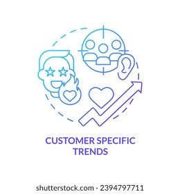 Customer specific trends blue gradient concept icon. Product development. Marketing campaign. Predictive analytics. Client feedback abstract idea thin line illustration. Isolated outline drawing