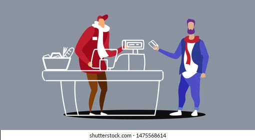 Customer standing at cash desk. Guy buying groceries at supermarket and giving credit card to male cashier. Modern grocery shop sketch doodle.