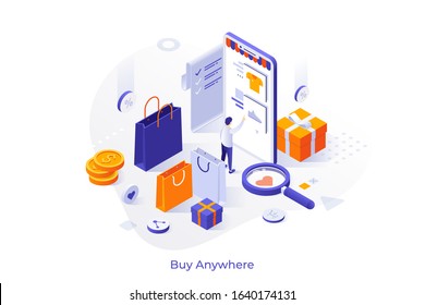 Customer standing in front of giant smartphone and buying clothes on internet store. Mobile application for online shopping, web retail, sales and discounts. Modern isometric vector illustration.