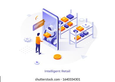 Customer standing in front of giant smartphone and receiving his internet order from robot. Concept of intelligent retail, automatic fulfillment center. Modern colorful isometric vector illustration. - Shutterstock ID 1640334301