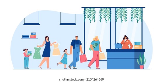 Customer standing in line in shop flat vector illustration. Man, women and kids waiting in queue to pay for purchase, buying new clothes and dresses. Family shopping, mall concept