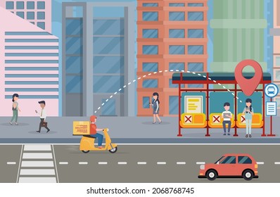 A customer stands near a bus stop waiting for a delivery man to deliver the goods. EPS10 Vector illustration.
