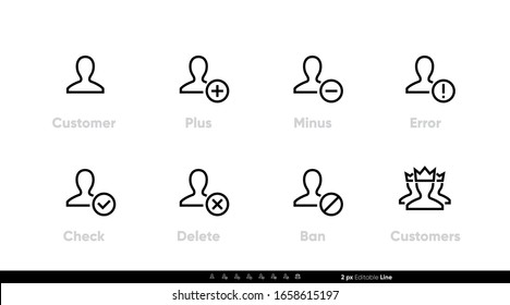 Customer Status check, plus, minus, error add, delete, ban icons set. Editable stroke vector