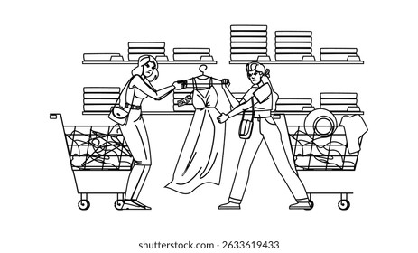 customer store conflict vector. complaint service, manager exchange, policy staff customer store conflict character. people black line pencil drawing illustration