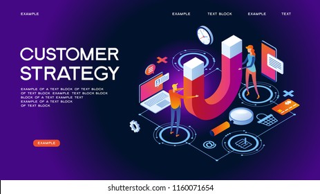 Customer strategy, customer support and service 3d isometric vector illustration. Banner with icons.