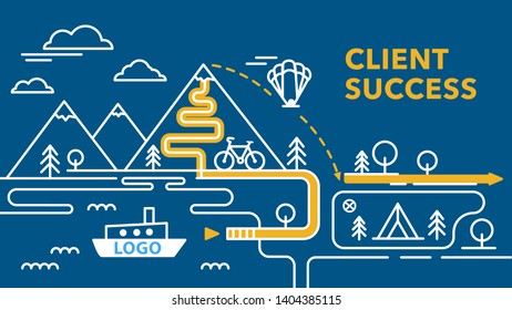 Customer success. Customer support on the way to the goal. Infographic route concept. Thin line art design.
