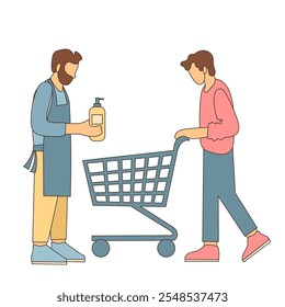 Customer in Supermarket asking for Help from Worker.  Shop Store Buyer Character Person. Seasonal Sale and Discount Concept. 