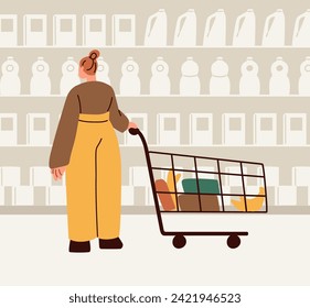 Customer in supermarket. Woman consumer shopping in hypermarket. Female character standing with cart, trolley, choosing product on store shelf, making choice, purchase. Flat vector illustration