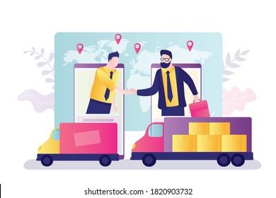 Customer and supplier shake hands on smartphone screens. Logistics, delivery of goods all over world. Globalization, modern technologies in sales, delivery and transportation. Flat vector illustration