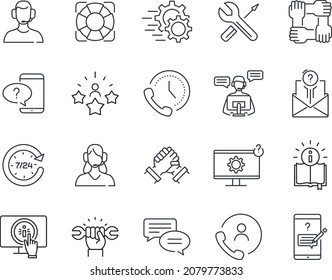 Kundenservice 24-mal 7 Symbole. Unterstützung von Line-Icons, Hilfe-Icons-Assistent und Callcenter-Operator
