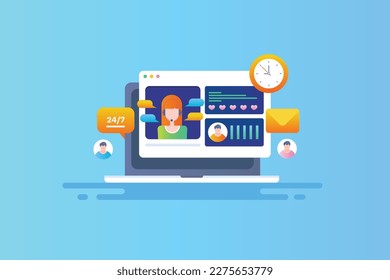 Soporte al cliente 24x7 concepto, correo electrónico, chat, soporte en línea, asistencia telefónica, vale de asistencia técnica - ilustración vectorial con iconos