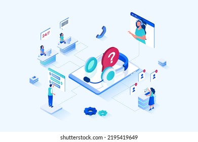 Customer support 3d isometric web design. People call technical support to get advice and resolve their issues, operators in headsets answer and advise, chatting clients. Vector web illustration