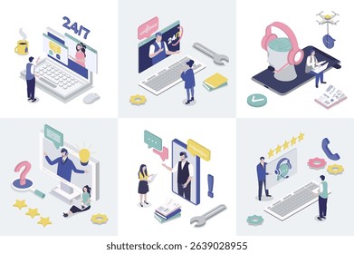 Customer support 3d isometry concept for web design. Collection set with isometric people calling at technical solution center with operators, online assistance and feedback. Vector illustration.