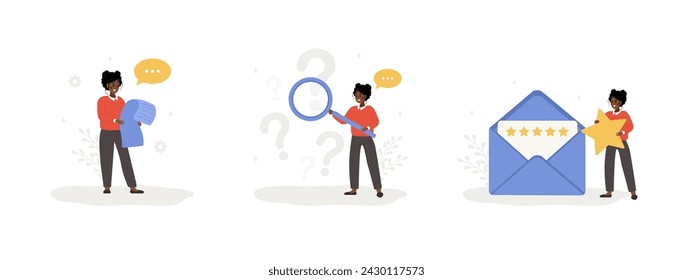 Customer support. African female characters ask questions, read guides and leave feedback. FAQ concept. Online help service. Set of vector illustration in flat cartoon style.