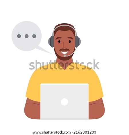 Customer support. African man with headphones working with laptop. Vector illustration.