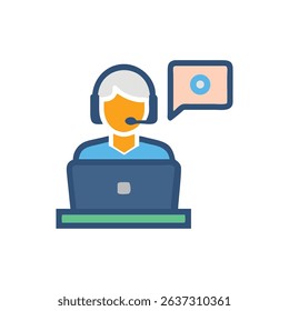 Customer support agent at desk with message bubble illustration