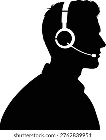 Customer support agent with headset silhouette, call center service concept, communication and assistance, technical support operator, minimal black and white illustration for business design