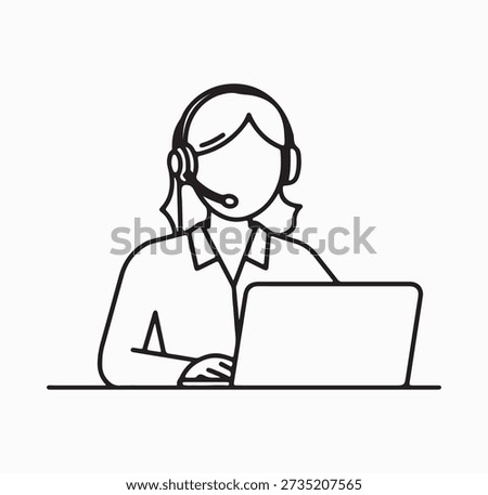  Customer Support Agent with Headset Working on Laptop Line Icon.