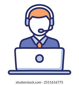 Customer support agent laptop icon. A colorful illustration of a customer service representative at a laptop, wearing a headset, symbolizing support, assistance, and tech help.
