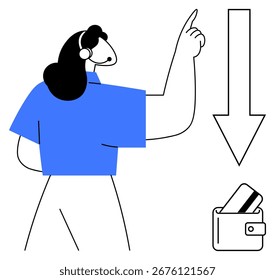 Customer support agent wearing a headset gesturing towards a wallet with a credit card. Ideal for financial services, customer support, online payments, budgeting apps, financial education