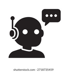 Agente de Asistencia al cliente que lleva un auricular con una burbuja de chat que indica la interacción del Servicio al cliente y la comunicación
