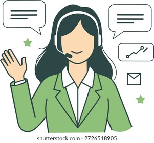 Agente de Asistencias al cliente con auriculares y que brinda asistencia. Ilustración vectorial plana en estilo Corporativa de Memphis con colores sólidos y contornos gruesos. Aislado sobre fondo blanco.