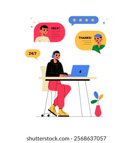 Customer Support Agent Working On Laptop With Chat Messages And Feedback Icons In Flat Vector Illustration Symbolizing Helpdesk, Communication, And Service, Isolated On White Background.