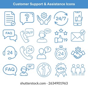 Customer support and assistance icons are depicted in a flat style, rendered with blue line art on a clean white background; available for immediate application.