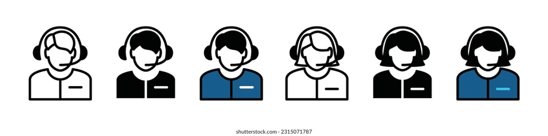 Customer support, assistance, technical support, customer service, call center, hotline, operator, staff, agent, service icon vector set in line and flat style for app and website. Vector illustration