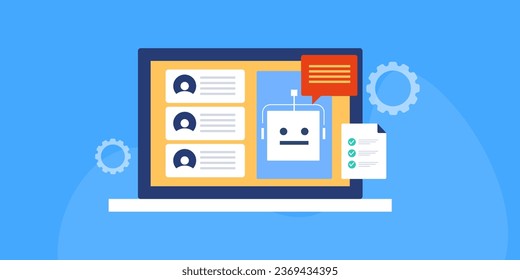 Customer support automation, AI Chatbot for customer support, AI bot answering customer query - vector illustration background with icons