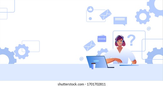 Customer support banner with attractive young female character in headset, social media icons, laptop, gears. Online communication concept in blue colors with friendly woman, chat emblem, copy space.