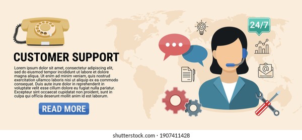 Customer support banner. Customer care concept design. Icon set of phone, online support, gears, email, business chart and other. Vector illustration in flat style