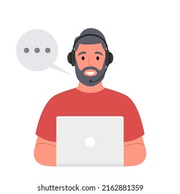 Asistencia al cliente. Hombre con barba con auriculares trabajando con laptop. Ilustración vectorial.