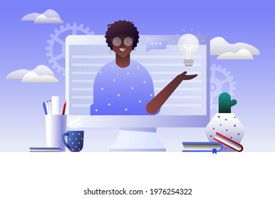 Customer support, black female hotline operator advises client, online global technical support 24 on 7, customers and operator, solving problem, mobile. Landing page template, ui, web, mobile app