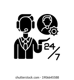 Customer support black glyph icon. Professional call center, telemarketing business. Round the clock hotline, consultation services silhouette symbol on white space. Vector isolated illustration