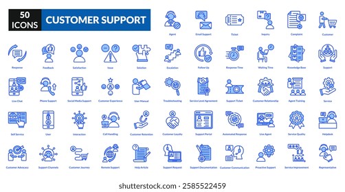 Customer support blue icon collection set. Includes service, help, assistance, call, chat, agent, headset, satisfaction, troubleshoot, inquiry, support, resolution, hotline, ticketing, guide