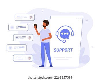 Customer support call center concept. Customer helpdesk, communication, call center, online help, frequently asked questions, support system, chat. Support creative illustration.