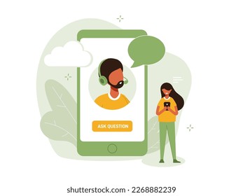 Customer support call center concept. Customer helpdesk, communication, call center, online help, frequently asked questions, support system, chat. Support creative illustration