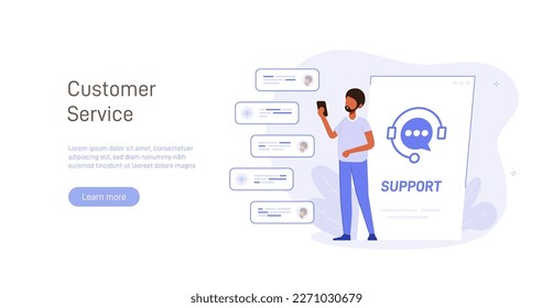 Customer support call center concept. Customer helpdesk, communication, call center, online help, frequently asked questions, support system, chat. Support creative illustration.