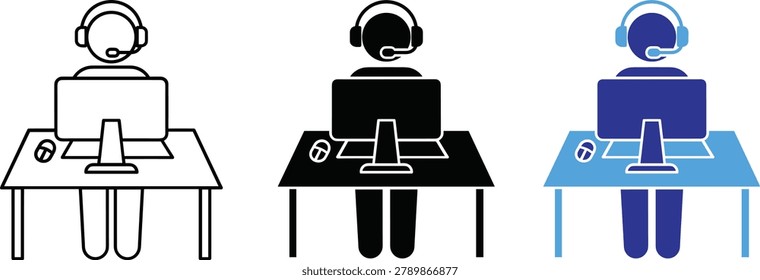 Customer support call center headset operator desk vector icons illustration.