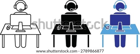 Customer support call center headset operator desk vector icons illustration.