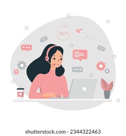 Asistencia al cliente, centro de llamadas, línea directa, asistencia técnica global, personal del departamento de atención al cliente. El operador de línea directa aconseja al cliente. Asistencia técnica mundial en línea 24 7.